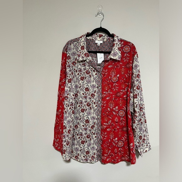 J. Jill One Pocket Shirred Back Button Down Long Sleeve Shirt Size 4X NWT Boho - Picture 1 of 12